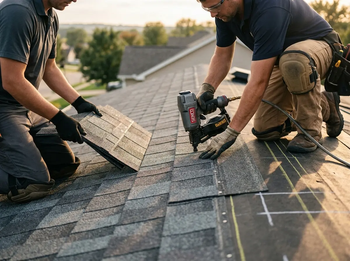 Professional roofer working on a residential roof in Martinsburg